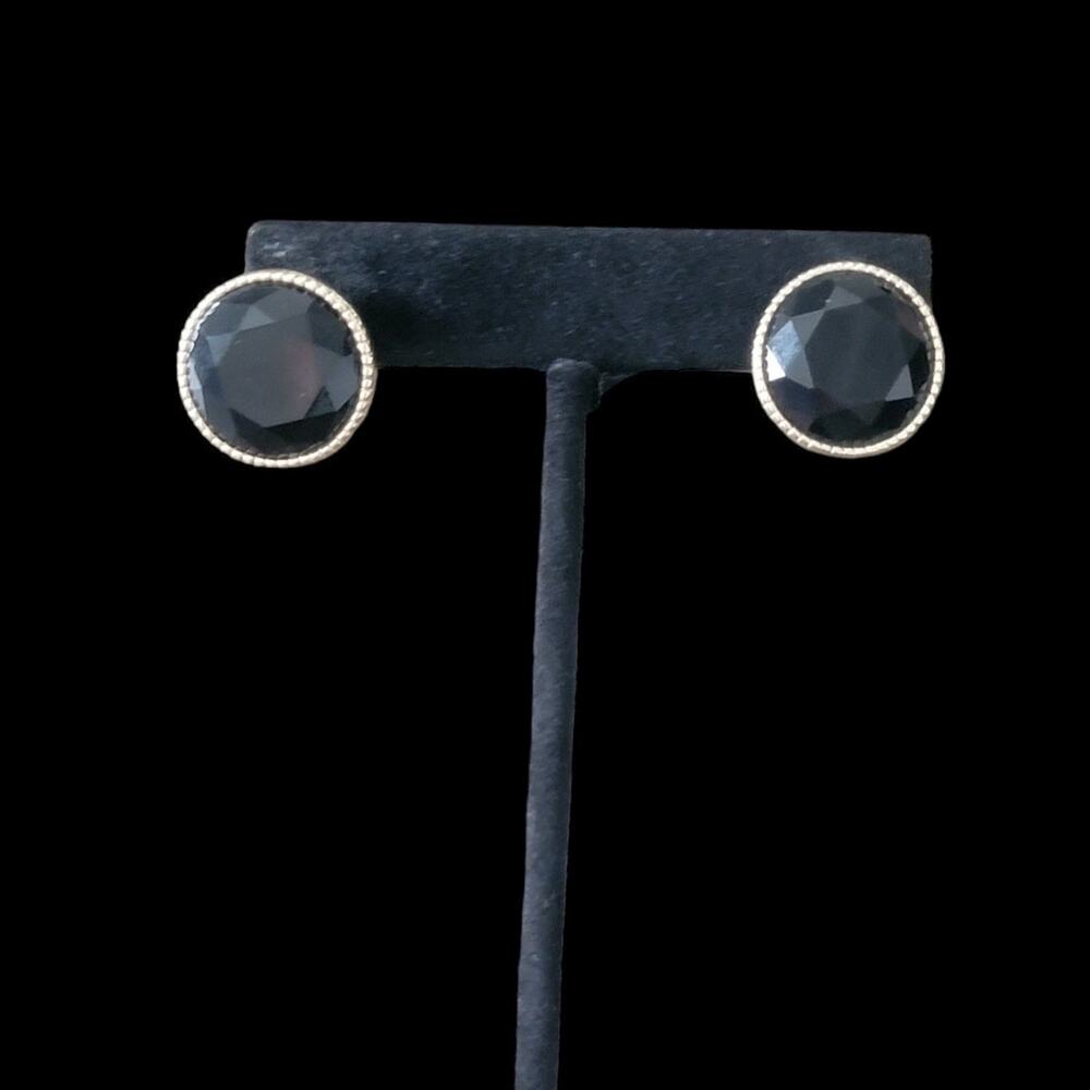 Vintage Monet Pierced Earrings Gold Toned Round with Black Faceted Rhinestone